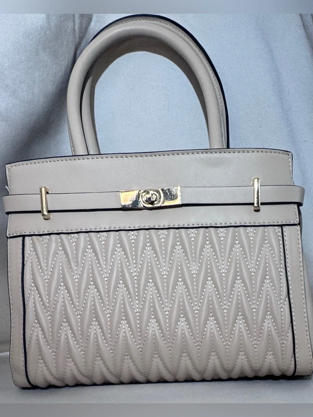 Cream Quilted Satchel with Gold-Tone Accent